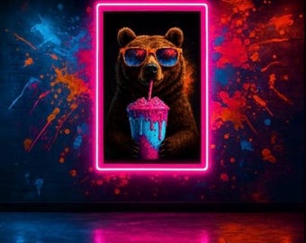 Cool Bear with Slushie – Funny Neon Pop Art Animal Printable for Gamer Room Vibes