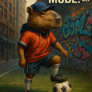 May include: An illustration of a capybara wearing a blue cap, orange shirt, and blue shorts, standing on a soccer ball. The capybara has one foot on the ball. The image has the text "GOAL MODE: ON" at the top. Graffiti art is in the background.