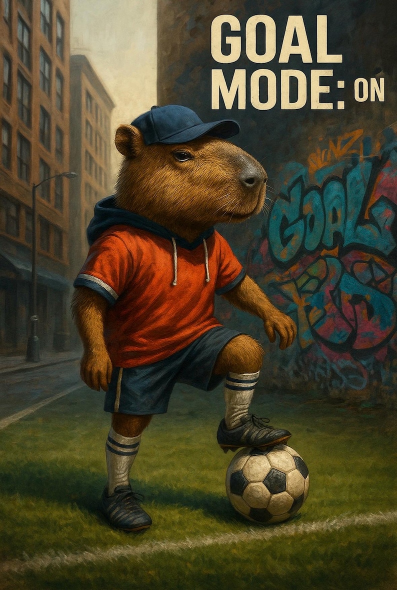 May include: An illustration of a capybara wearing a blue cap, orange shirt, and blue shorts, standing on a soccer ball. The capybara has one foot on the ball. The image has the text "GOAL MODE: ON" at the top. Graffiti art is in the background.