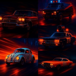 Neon Movie Car Legends – Vol. 5 | Classic TV & Film Car Prints (Set of 5 Digital Wall Art)