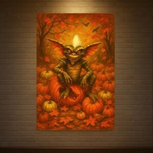 May include: A Halloween-themed painting featuring a mischievous gremlin figure perched atop a carved pumpkin, surrounded by pumpkins and autumn leaves. The artwork is rich in warm orange and brown tones, creating a festive and spooky atmosphere.