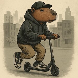 May include: Illustration of a capybara riding a black scooter. The capybara wears a black hoodie, cap, and sneakers, with tan pants. The background shows a city scene with buildings.