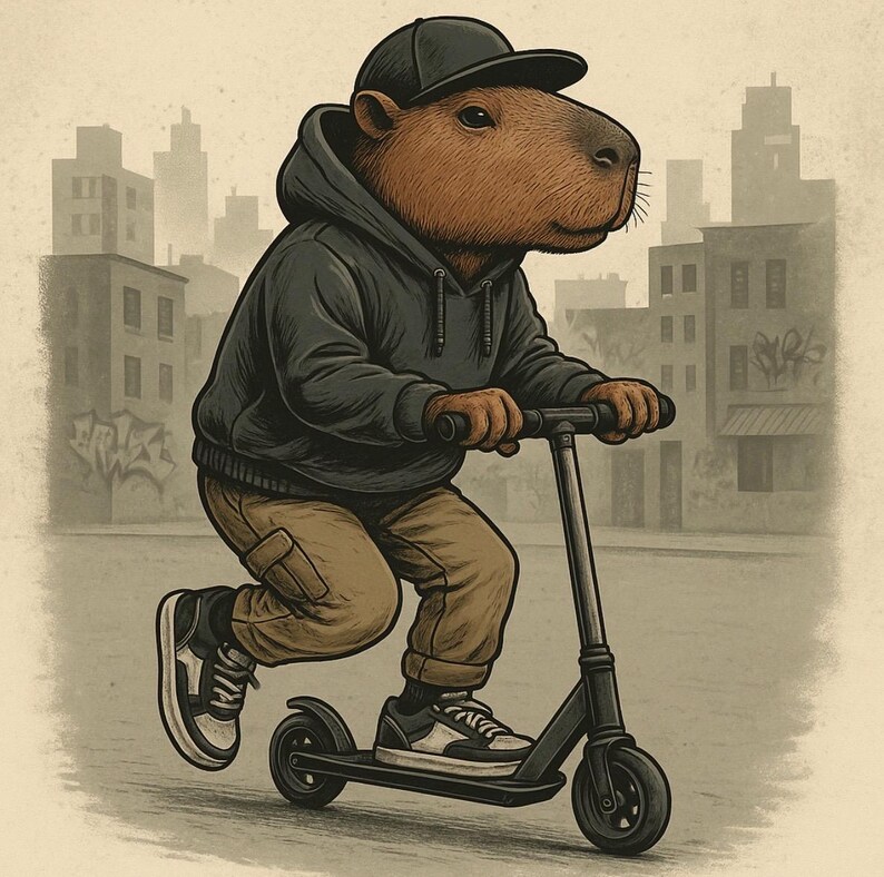 May include: Illustration of a capybara riding a black scooter. The capybara wears a black hoodie, cap, and sneakers, with tan pants. The background shows a city scene with buildings.