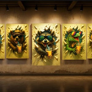 Puede incluir: Cinco obras de arte en lienzo enmarcadas que representan animales antropom&oacute;rficos. Un jabal&iacute; con un paraguas, un oso con sombrero, un mapache, un lagarto y un le&oacute;n, todos con gafas de sol y bebiendo t&eacute; de burbujas. El arte tiene un fondo dorado texturizado.