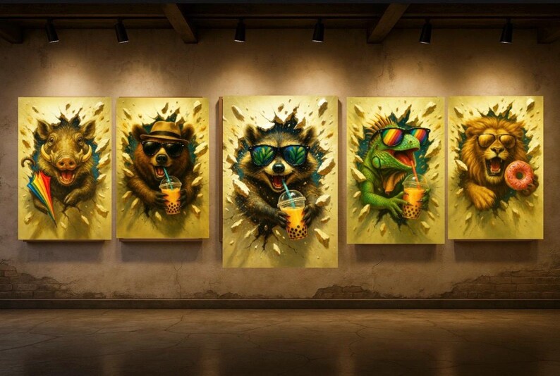 Puede incluir: Cinco obras de arte en lienzo enmarcadas que representan animales antropom&oacute;rficos. Un jabal&iacute; con un paraguas, un oso con sombrero, un mapache, un lagarto y un le&oacute;n, todos con gafas de sol y bebiendo t&eacute; de burbujas. El arte tiene un fondo dorado texturizado.