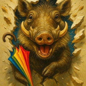 Puede incluir: Ilustraci&oacute;n caprichosa de un jabal&iacute; rompiendo una pared, sosteniendo un paraguas arco&iacute;ris. El jabal&iacute; tiene grandes colmillos y la boca abierta, con un paraguas colorido. El fondo es una pared agrietada.