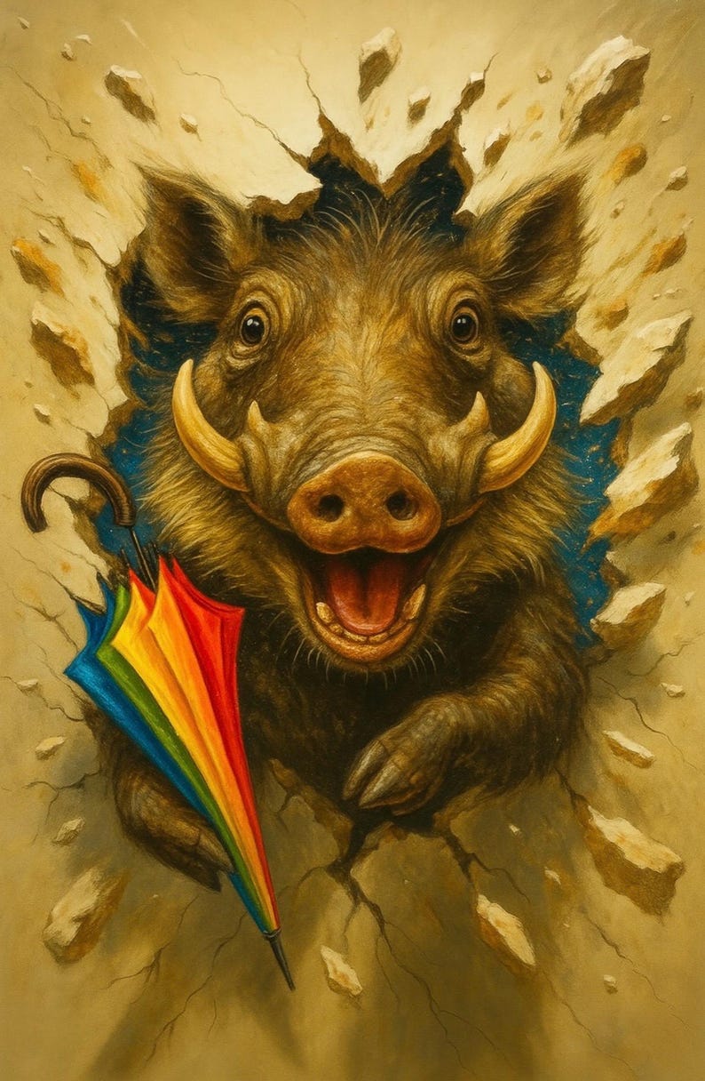 Puede incluir: Ilustraci&oacute;n caprichosa de un jabal&iacute; rompiendo una pared, sosteniendo un paraguas arco&iacute;ris. El jabal&iacute; tiene grandes colmillos y la boca abierta, con un paraguas colorido. El fondo es una pared agrietada.