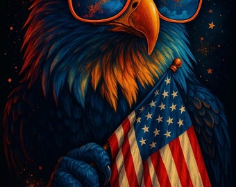 Patriotic Pop Art Eagle | Bald Eagle Holding American Flag | Digital Wall Art | Printable Animal Poster | Red White & Blue Decor