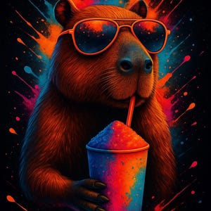 May include: A vibrant illustration of a capybara wearing orange sunglasses, sipping from a colorful snow cone. The background features splashes of orange, blue, and pink, creating a dynamic and playful design. The image is set against a black backdrop.