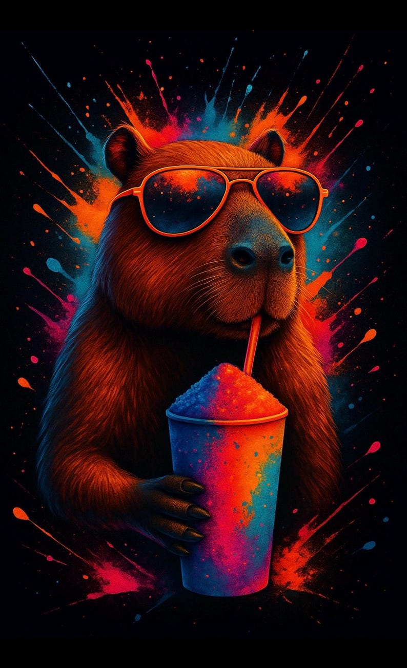 May include: A vibrant illustration of a capybara wearing orange sunglasses, sipping from a colorful snow cone. The background features splashes of orange, blue, and pink, creating a dynamic and playful design. The image is set against a black backdrop.