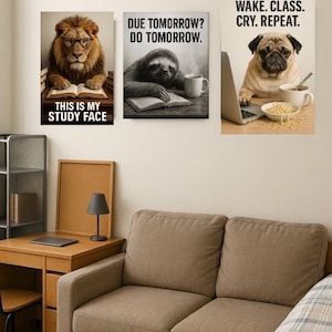 Dorm Vibes Wall Art Bundle – Vol. 1 | 5 Funny College Quote Prints | Realistic Animal Dorm Room Decor | Digital Download for Students