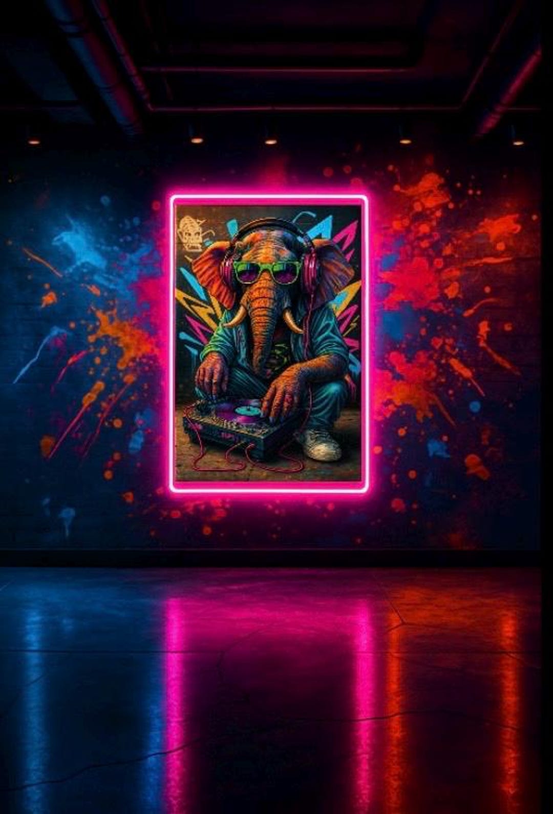 DJ Elephant Graffiti Wall Art – Neon Jungle Style Animal With