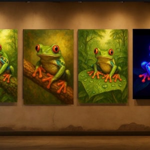 Red-Eyed Tree Frog Wall Art – 4-Pack Jungle Frog Prints | Realistic & Neon Amphibian Decor | Tree Frog Digital Download