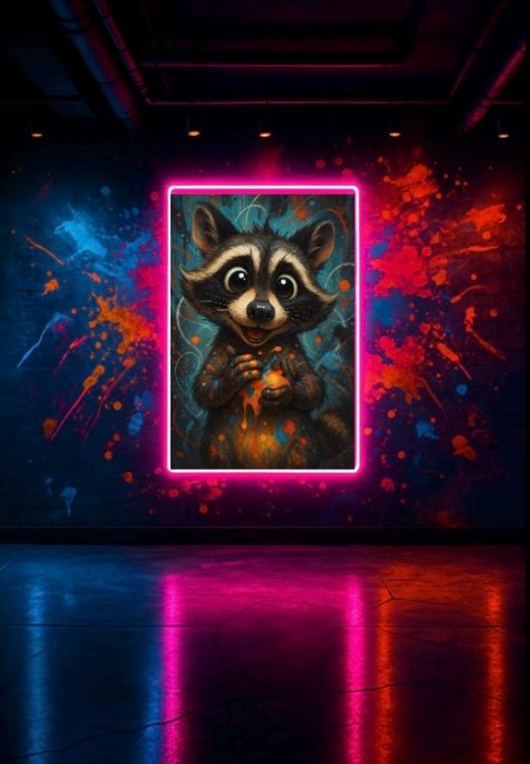 Neon Graffiti Raccoon Wall Art – Mischievous Big Eyed Raccoon Print ...