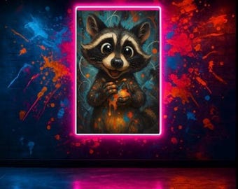 Neon Graffiti Raccoon Wall Art – Mischievous Big Eyed Raccoon Print, Colorful Urban Street Animal Decor, Instant Download