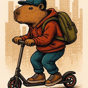 May include: Illustration of a capybara riding a black scooter. The capybara wears a blue cap, orange hoodie, blue jeans, and brown sneakers. A green backpack is on its back. The background features a cityscape in a sepia tone.