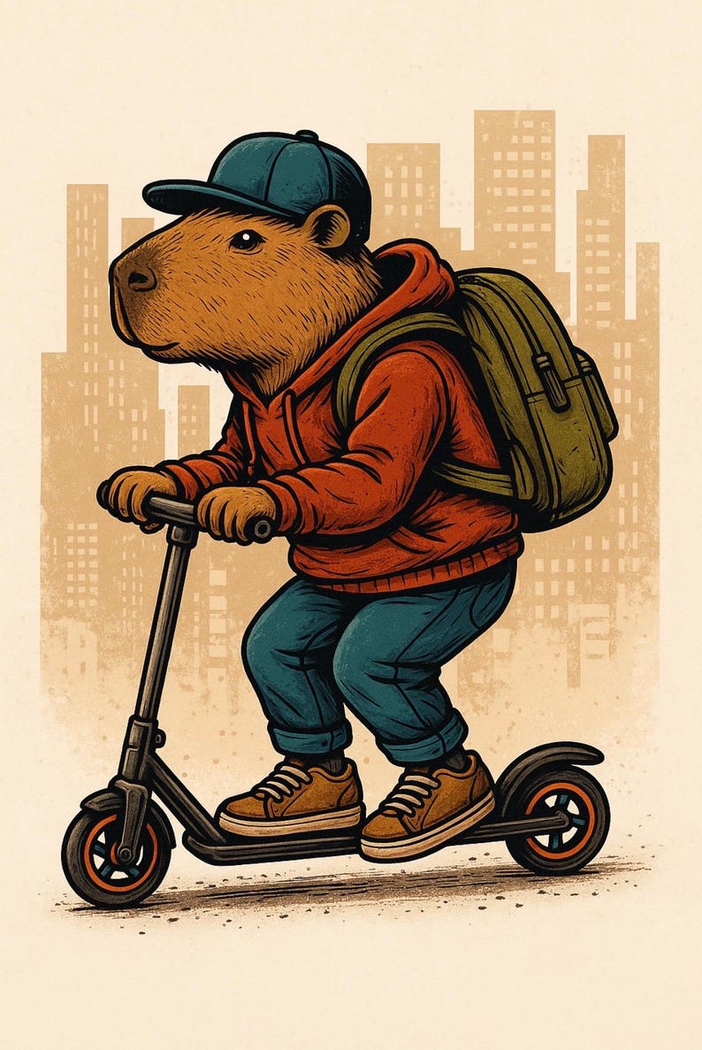 May include: Illustration of a capybara riding a black scooter. The capybara wears a blue cap, orange hoodie, blue jeans, and brown sneakers. A green backpack is on its back. The background features a cityscape in a sepia tone.