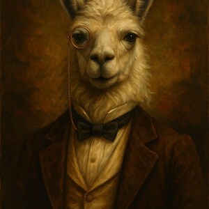 May include: A portrait of a llama wearing a monocle, a bow tie, and a brown suit jacket over a vest and button-down shirt. The background is a warm, textured brown.