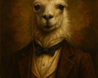 Arte mural de llama real: retrato vintage de animal vestido con monóculo y pajarita