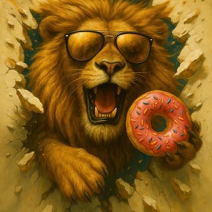 Puede incluir: Ilustraci&oacute;n digital de un le&oacute;n con gafas de sol, rompiendo una pared. El le&oacute;n sostiene una rosquilla rosa con chispas. El fondo es de color beige claro con grietas y trozos rotos.