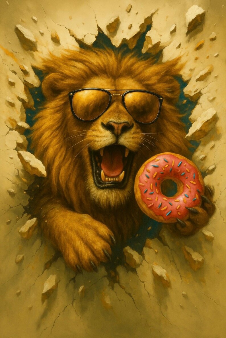Puede incluir: Ilustraci&oacute;n digital de un le&oacute;n con gafas de sol, rompiendo una pared. El le&oacute;n sostiene una rosquilla rosa con chispas. El fondo es de color beige claro con grietas y trozos rotos.
