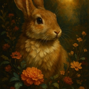 Woodland Bunny in Bloom – Realistic Rabbit Oil Painting Digital Art Print