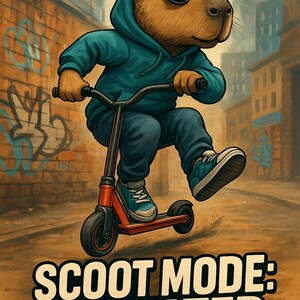 May include: Illustration of a capybara wearing sunglasses and a teal hoodie, riding a red scooter. The image has the text "SCOOT MODE: ACTIVATED" in a bold, white font.