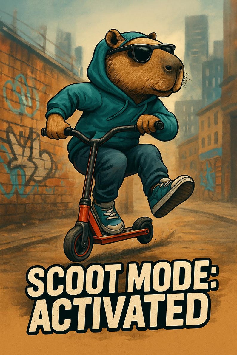 May include: Illustration of a capybara wearing sunglasses and a teal hoodie, riding a red scooter. The image has the text "SCOOT MODE: ACTIVATED" in a bold, white font.