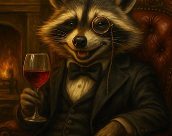 May include: An anthropomorphic raccoon in a formal suit, holding a glass of red wine. The raccoon wears a monocle and a bow tie, seated in a leather armchair. A fireplace and bookshelves are in the background, creating a vintage, sophisticated atmosphere.