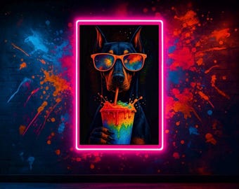 Neon Doberman Rainbow Slushie Art Print | Funny Pop Art Dog Wall Decor | Psychedelic Colorful Animal Art | Digital Download Poster for Bar