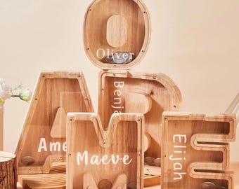 Personalized Large Wooden Kids Letter Piggy Bank, Wood Gift For Kids, Custom Name Coin Bank, Wood Alphabet Letter Bank, Christmas gifts