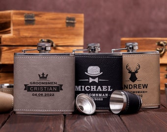 Personalized Groomsmen Gifts, Custom Leather Flask Set with Wooden Gift Box, Best Man Gift, Groom Gift, Flask For Groomsmen Fathers Day Gift