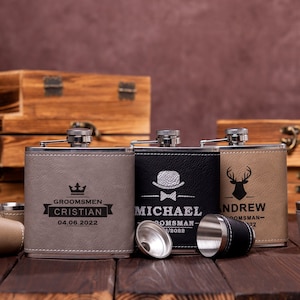 Regalos personalizados para padrinos de boda, juego de frascos de cuero personalizados con caja de regalo de madera, regalo para padrinos, regalo para novios, frasco para padrinos, regalo del Día del Padre