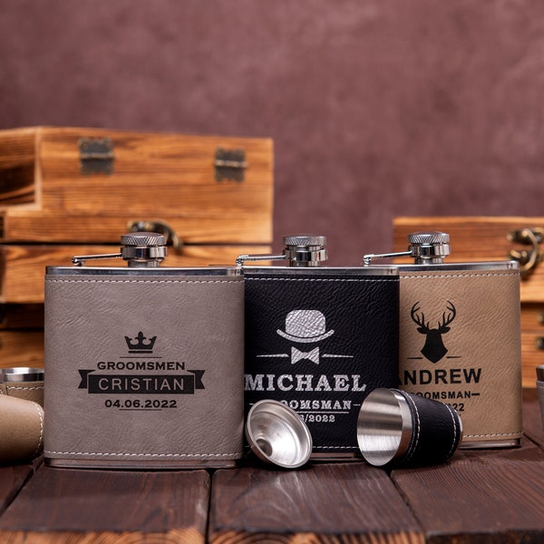 Personalized Groomsmen Gifts, Custom Leather Flask Set with Wooden Gift Box, Best Man Gift, Groom Gift, Flask For Groomsmen Fathers Day Gift