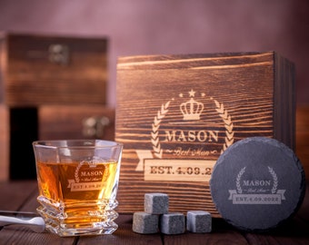 Personalized Groomsmen Gifts, Groomsmen Proposal, Whiskey Glasses Set with Wooden Box, Best Man Gift, Dad Gift, Mens Gift, Boyfriend Gift