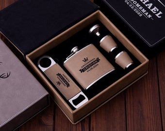 Personalized Flask Gift Set, Bottle Opener and Flask with Leather Gift Box, Groomsmen Gifts, Best Man Gift, Groom Gift, Dad Gift, Mens Gift