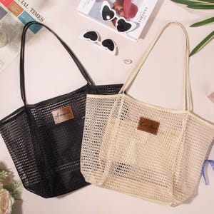 Kundenspezifische Strand-Einkaufstasche mit Text, Leder-Patch-Einkaufstaschen, sanddichtes Nylon-Netz, Mädchen-Reise-Geschenke