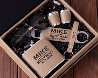 Personalized Flask, Sunglasses, Bottle Opener and Keychain in Groomsman Gift Box, Groomsmen Gifts Idea, Best Man Gift, Groom Gift, Mens Gift