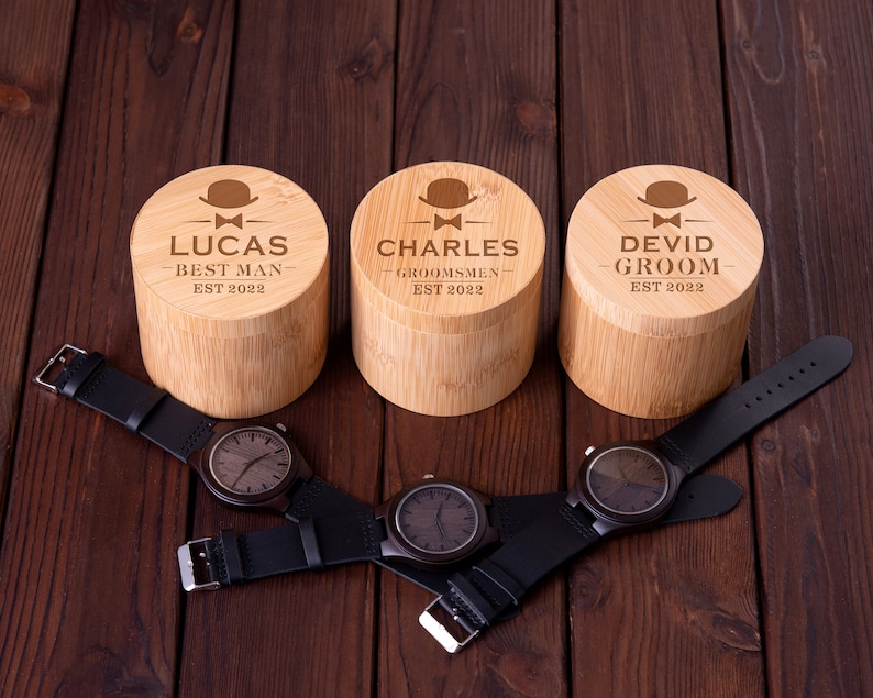 Relojes personalizados para hombres, reloj de madera con caja de reloj de madera, regalos de padrinos, regalo de padrino, regalo de marido, regalo de novio, regalos para papá imagen 5