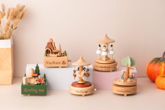 Newborn Keepsake, Baby Shower Gift, Personalized  Music Box, Engraved Name Musical Ballerina Carousel & Train,  Nursery Decor, Birthday Gift