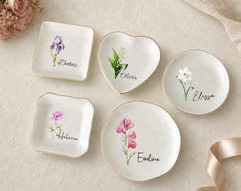 Personalised Birth Flower Trinket Dish/ Custom Watercolor Flower Ring Dish/ Christmas Gifts/ Wedding Bridesmaid Gift/ Birthday Jewelry Dish