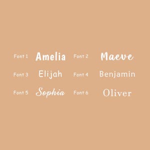 May include: A beige background featuring the names Amelia, Maeve, Elijah, Benjamin, Sophia, and Oliver in white fonts. The words "Font 1" to "Font 6" are also displayed.