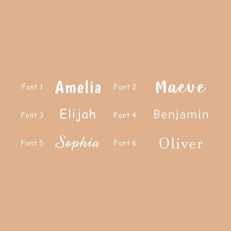 May include: A beige background featuring the names Amelia, Maeve, Elijah, Benjamin, Sophia, and Oliver in white fonts. The words "Font 1" to "Font 6" are also displayed.