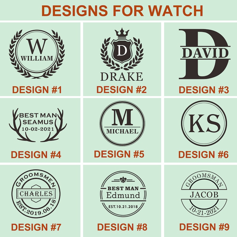 Pu&ograve; includere: Nove diversi design di orologi che presentano vari nomi, iniziali e titoli. I design sono in bianco e nero e presentano una variet&agrave; di caratteri e stili.