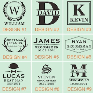 Puede incluir: Nueve dise&ntilde;os diferentes para un regalo personalizado de padrino de boda o mejor hombre. Cada dise&ntilde;o presenta una inicial, un nombre y un texto diferentes. Los dise&ntilde;os son en blanco y negro sobre un fondo verde claro.