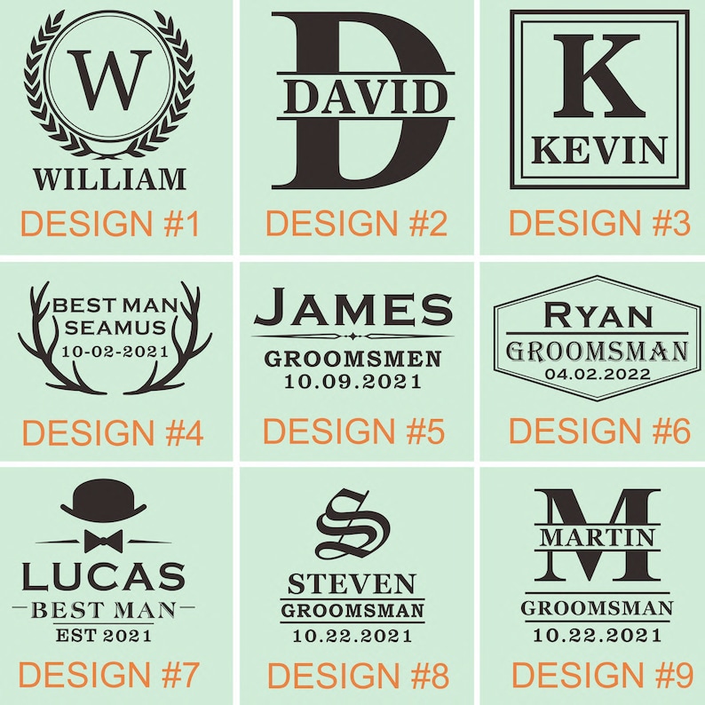 Puede incluir: Nueve dise&ntilde;os diferentes para un regalo personalizado de padrino de boda o mejor hombre. Cada dise&ntilde;o presenta una inicial, un nombre y un texto diferentes. Los dise&ntilde;os son en blanco y negro sobre un fondo verde claro.