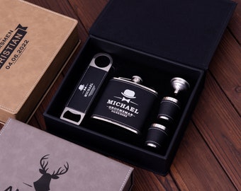 Frasco personalizado y abridor de botellas con caja de regalo de cuero, regalos de padrinos, regalo de padrino, regalo de novio, regalo de marido, regalo del Día del Padre