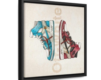 Air Jordan 1 Sneaker Shoes Canvas Wall Art, Hand-Drawn Sneaker art, Jordan 1 Virgil Tribute, Canvas Gallery Wrap print, square frame