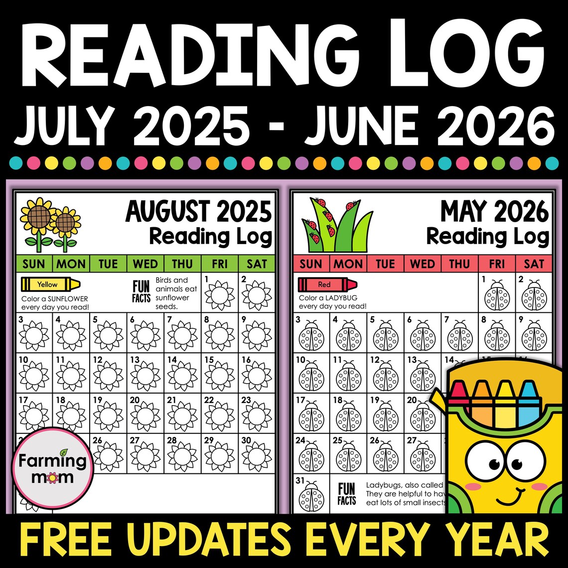Reading Log for Kids Reading Chart Coloring Pages 2025-2026 Calendar - Etsy