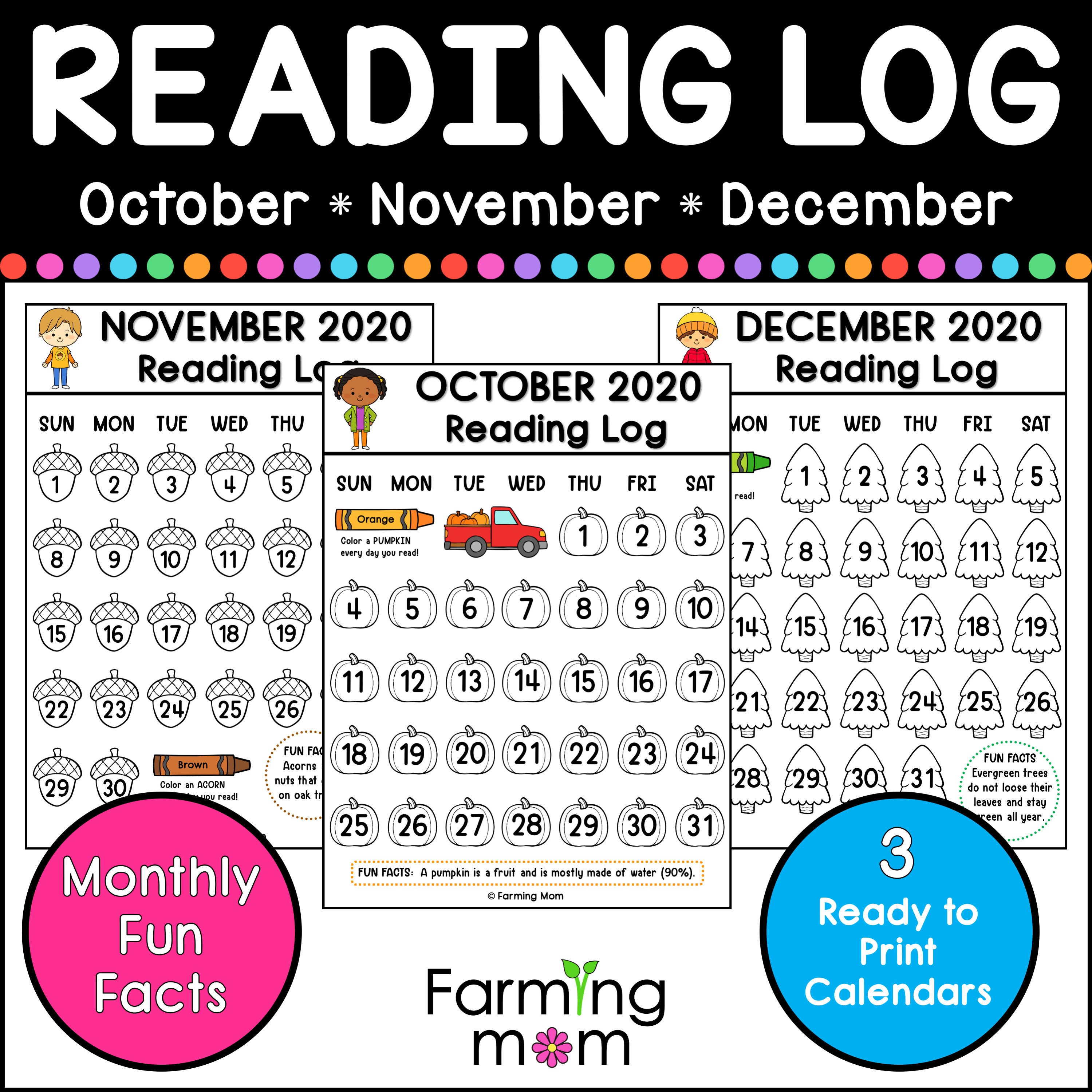 Coloring Monthly Reading Log Calendar Fall 2020 | Etsy